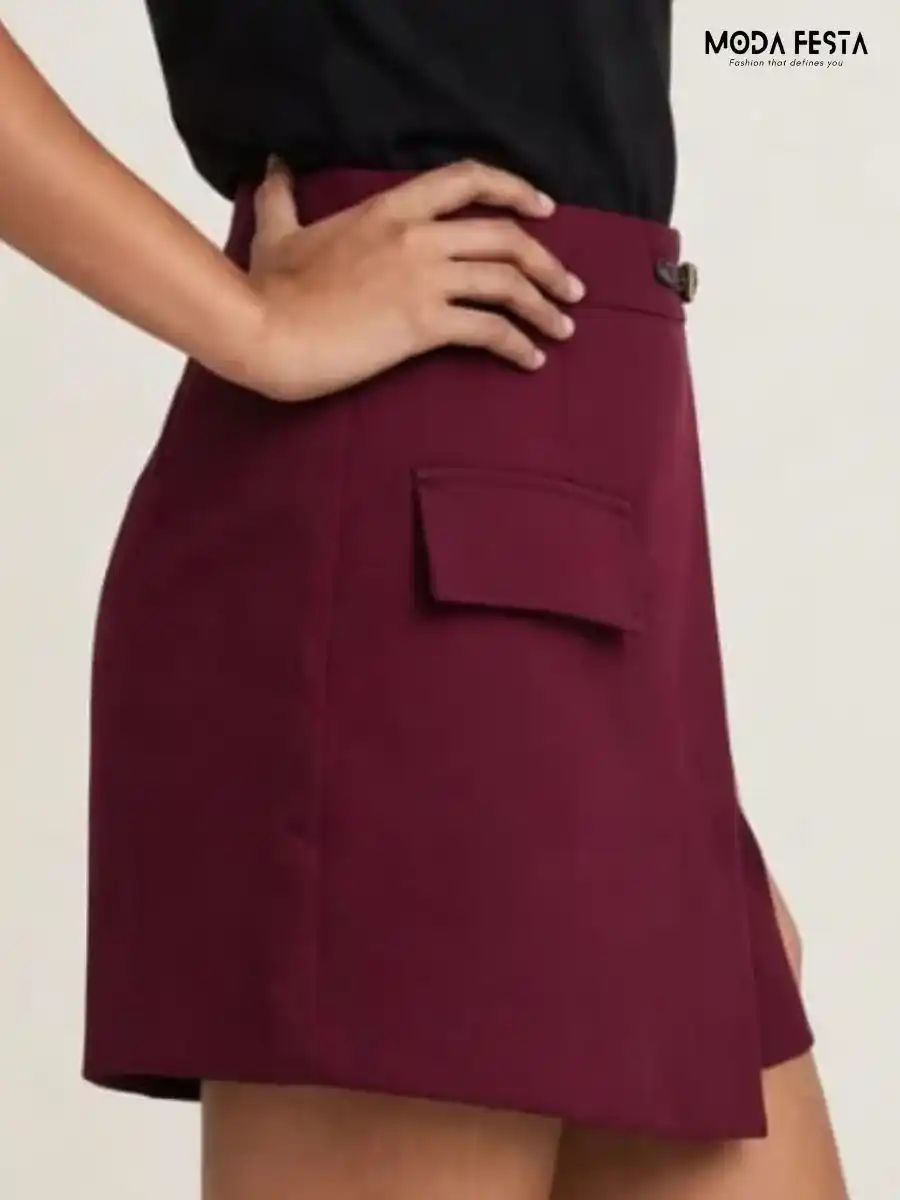 ModaFesta -maroon-faux-suede-belted-skort-with-pocket-detail