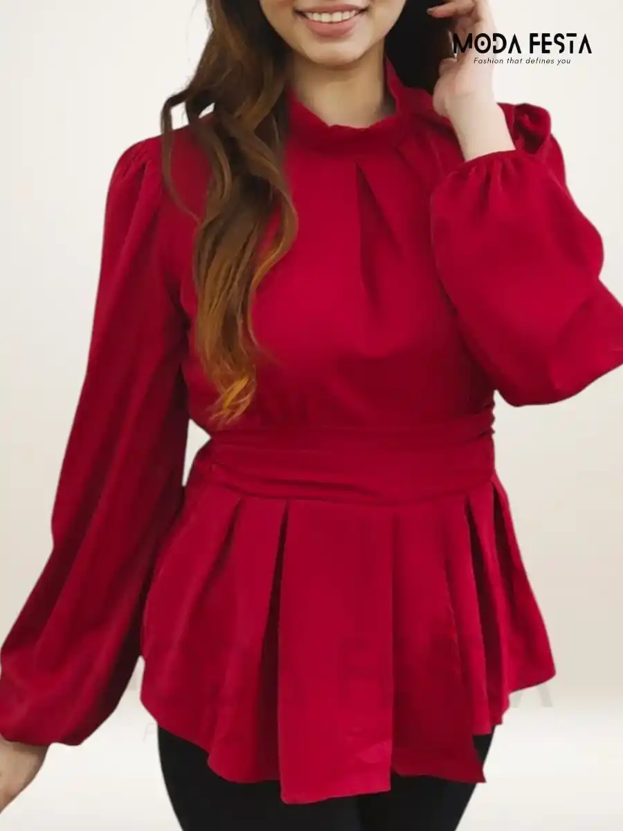 ModaFesta -red-high-neck-peplum-top