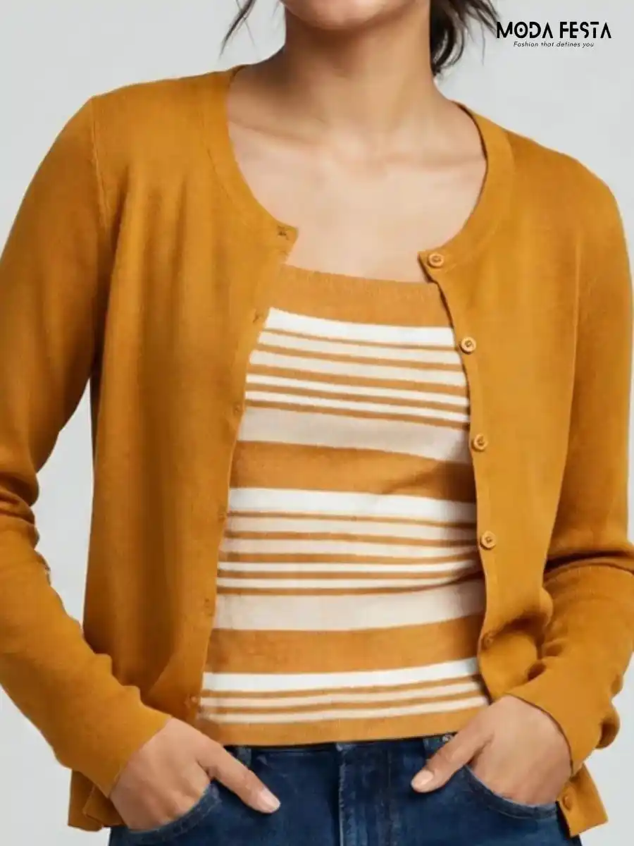 Mustard Yellow Cardigan and Striped Inner Top Co-ord Set