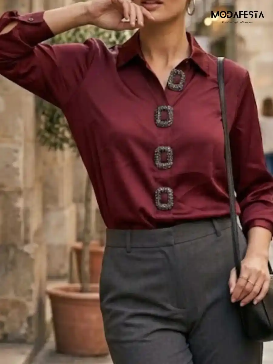 ModaFesta -elegant-rhinestone-buckle-satin-shit-maroon