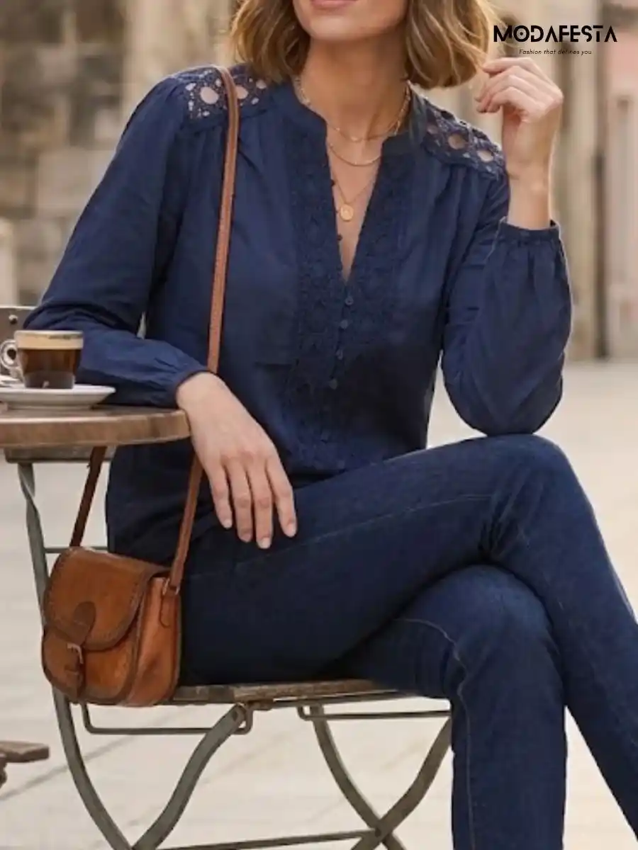 ModaFesta -elegant-cut-work-embroidered-lace-shirt-navy-blue