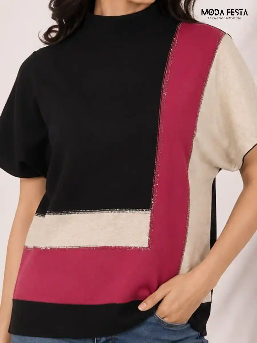 Colorblocked Mock Neck Knit Top