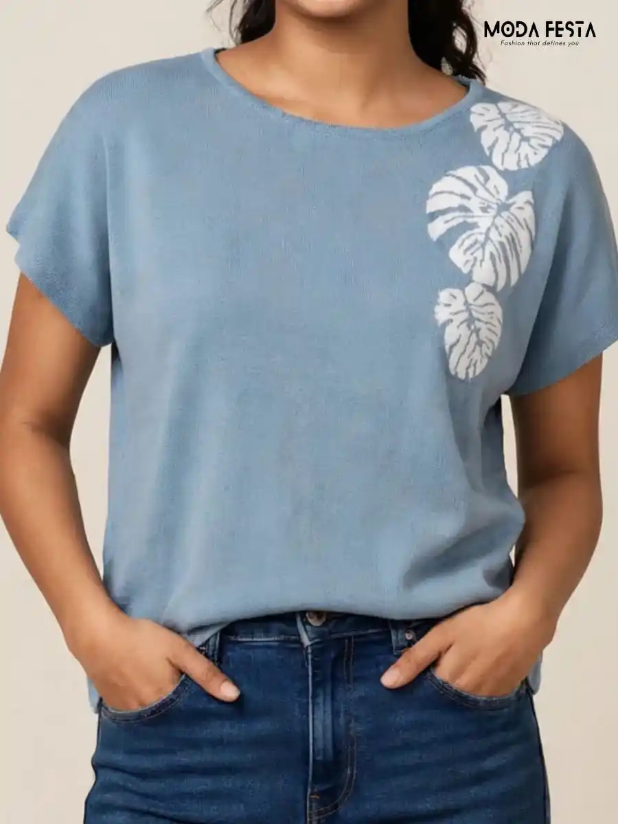 ModaFesta -dusty-blue-white-leaf-motif-short-sleeve-knit-top