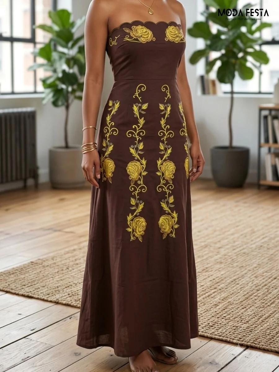 pale brown strapless floor-length maxi dress with vertical floral embroidery