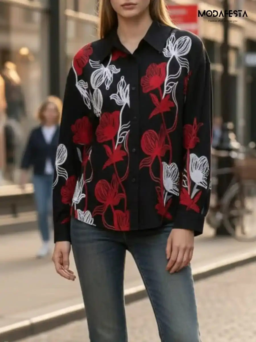 Elegant Floral Print Embroidered Shirt