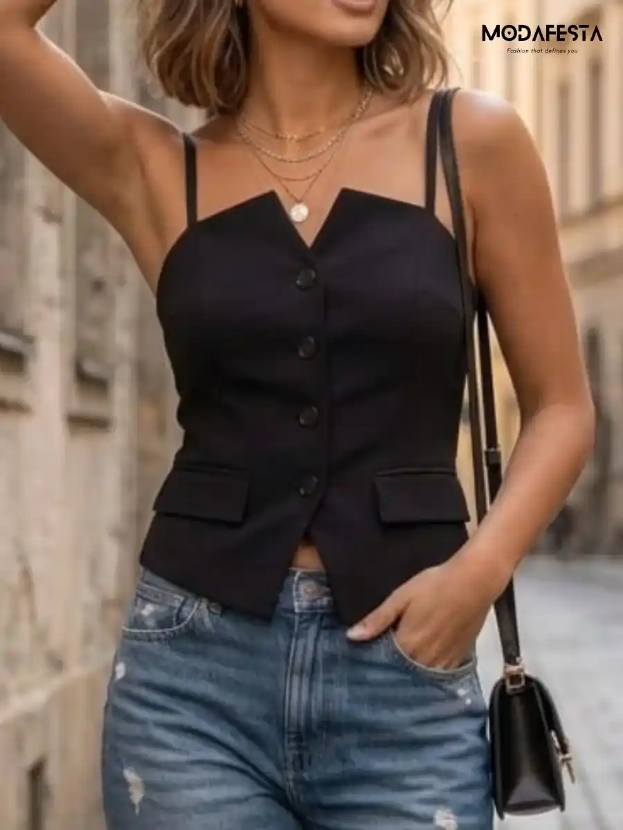 ModaFesta -elegant-hem-slit-waistcoat-top-black