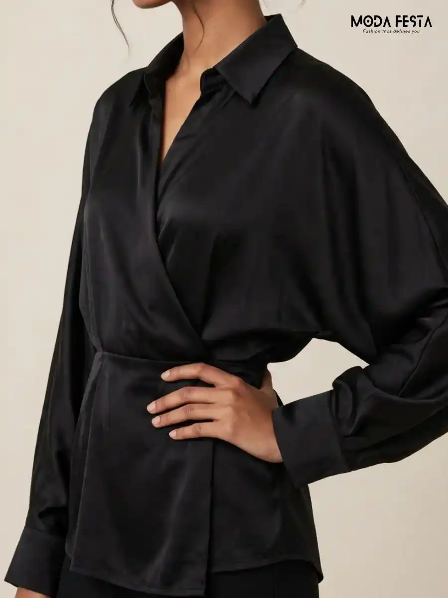 ModaFesta -black-satin-wrap-style-collared-long-sleeve-top