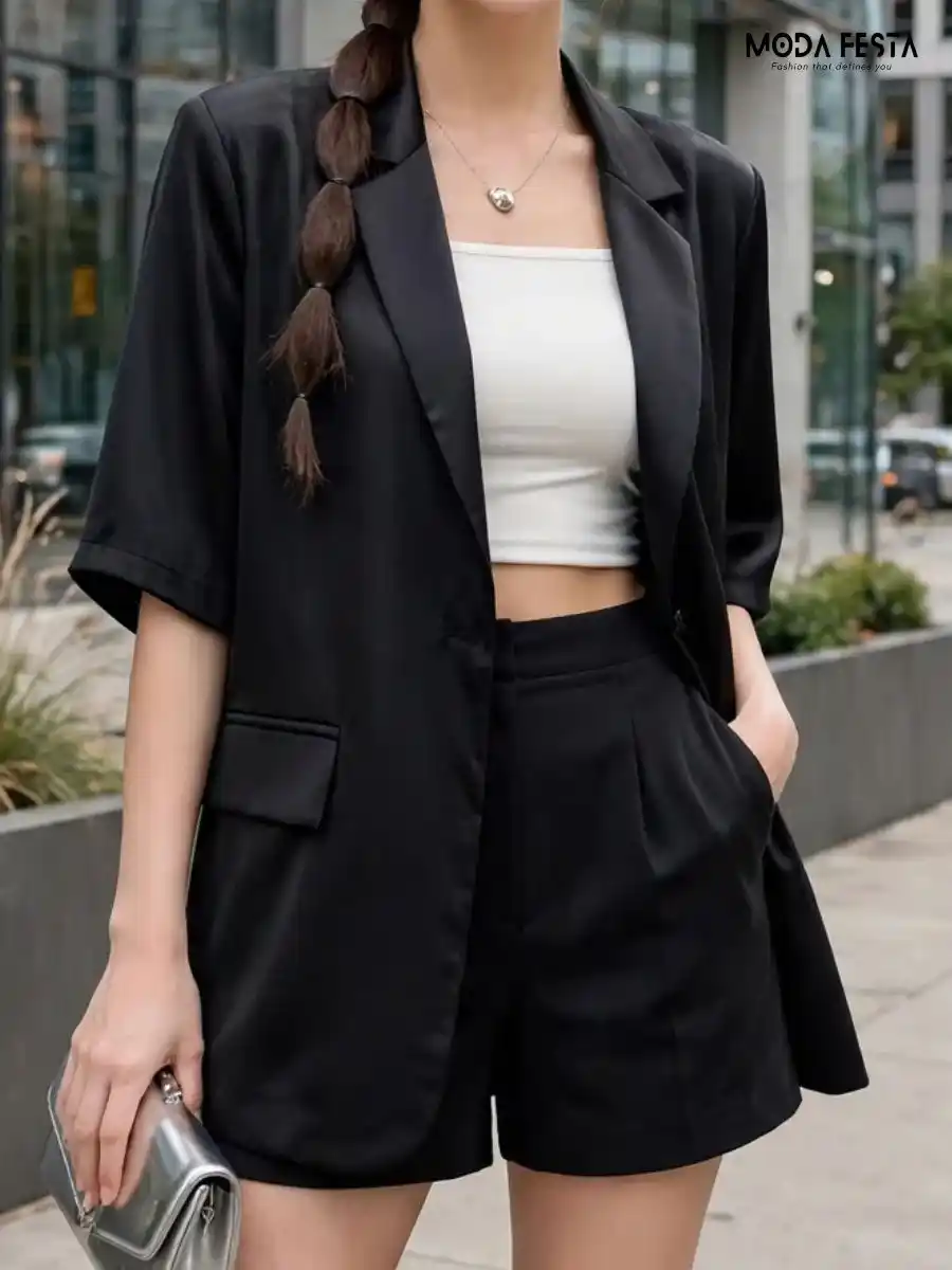 ModaFesta -flap-blazer-with-short-set-black