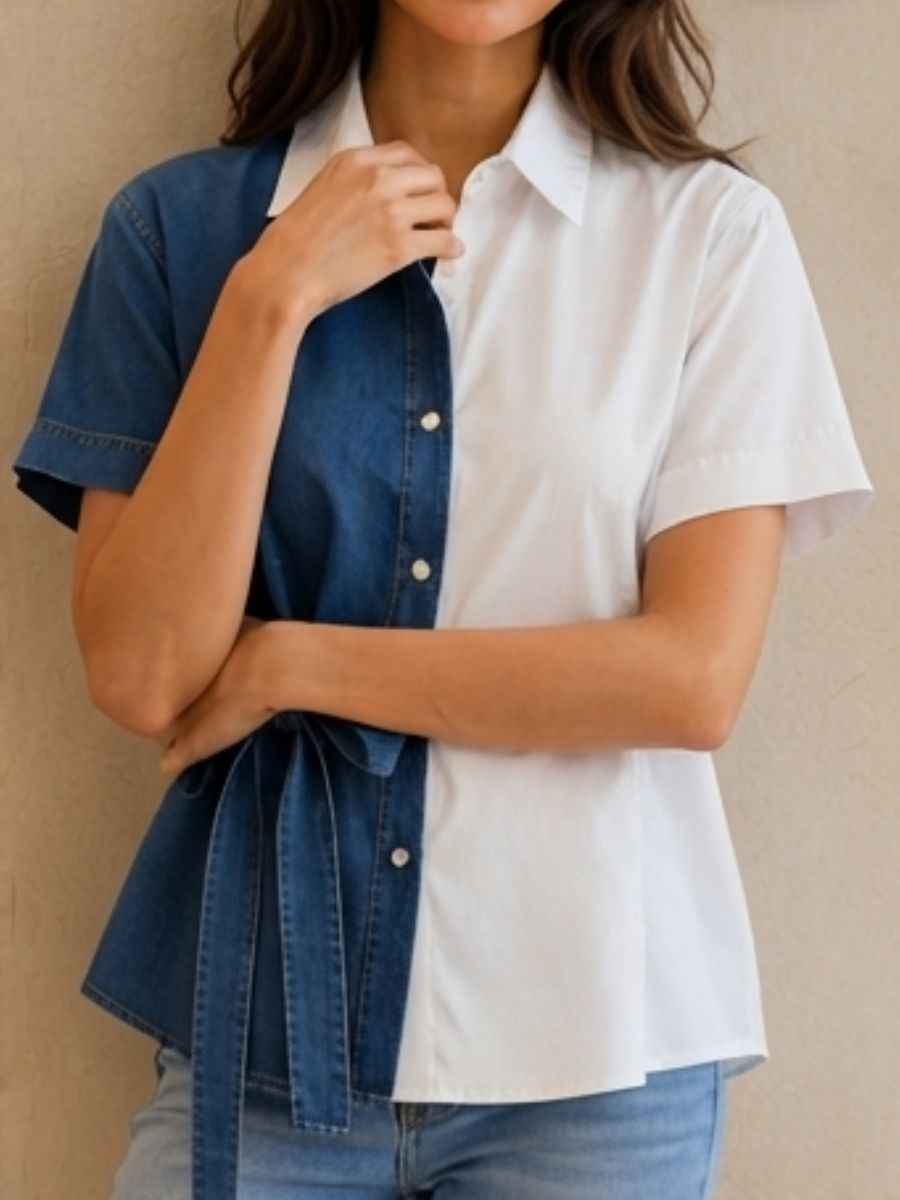 ModaFesta -dual-tone-denim-cotton-tie-waist-shirt