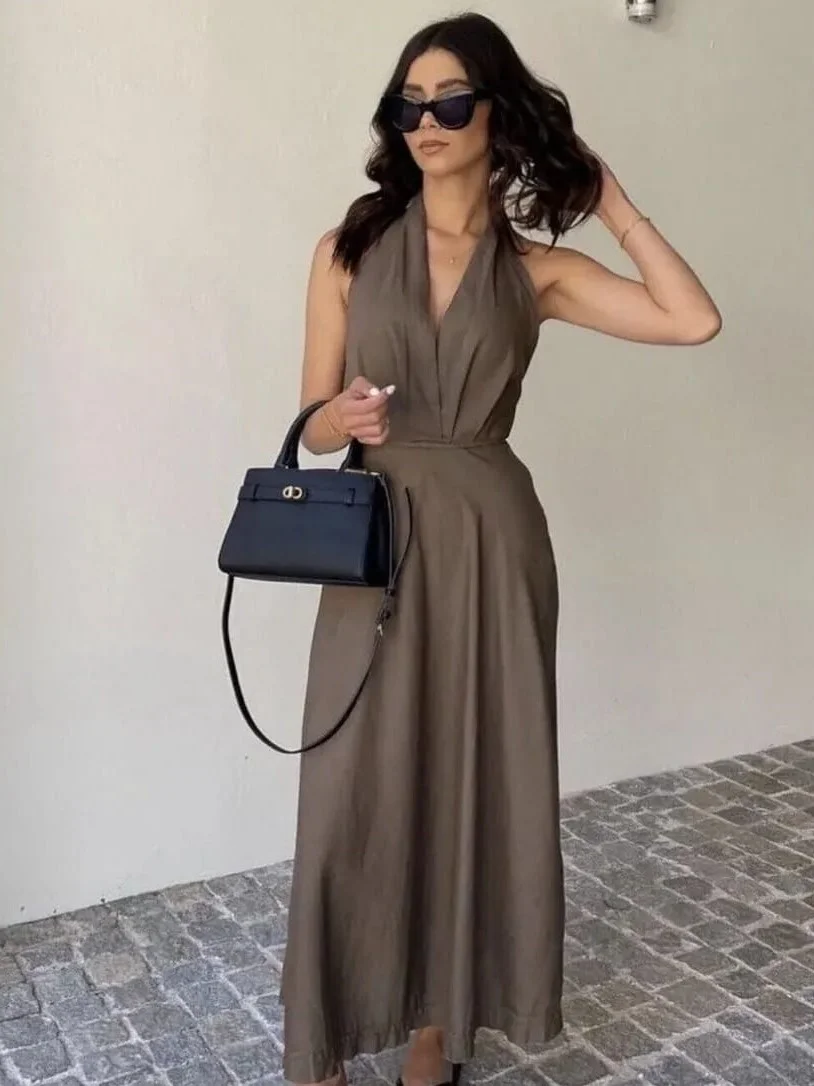 ModaFesta -linen-halter-midi-dress-dark-green
