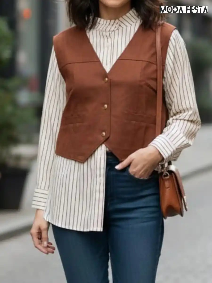 ModaFesta -elegant-style-high-neck-shirt-with-vest-brown