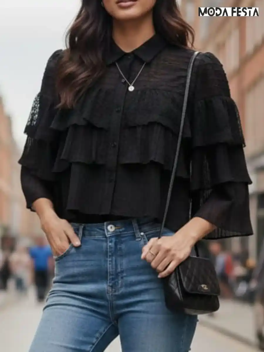 ModaFesta -elegant-ruffled-chiffon-shirt-black