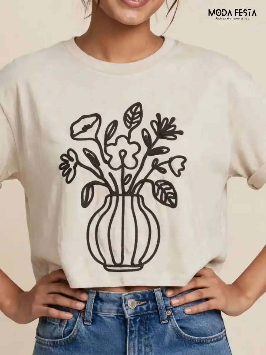 Floral Vase Line Art Crop T-Shirt