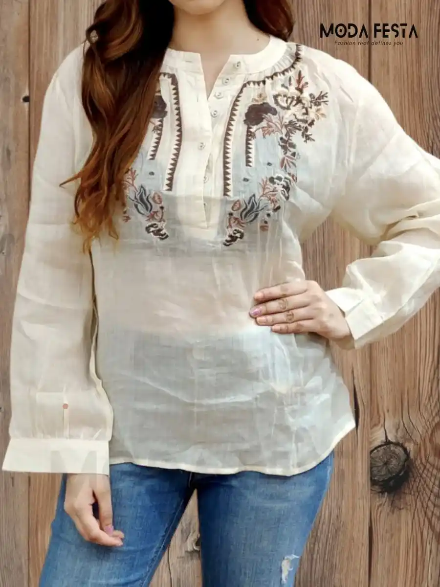 ModaFesta -embroidered-linen-top-beige-mid-lenght
