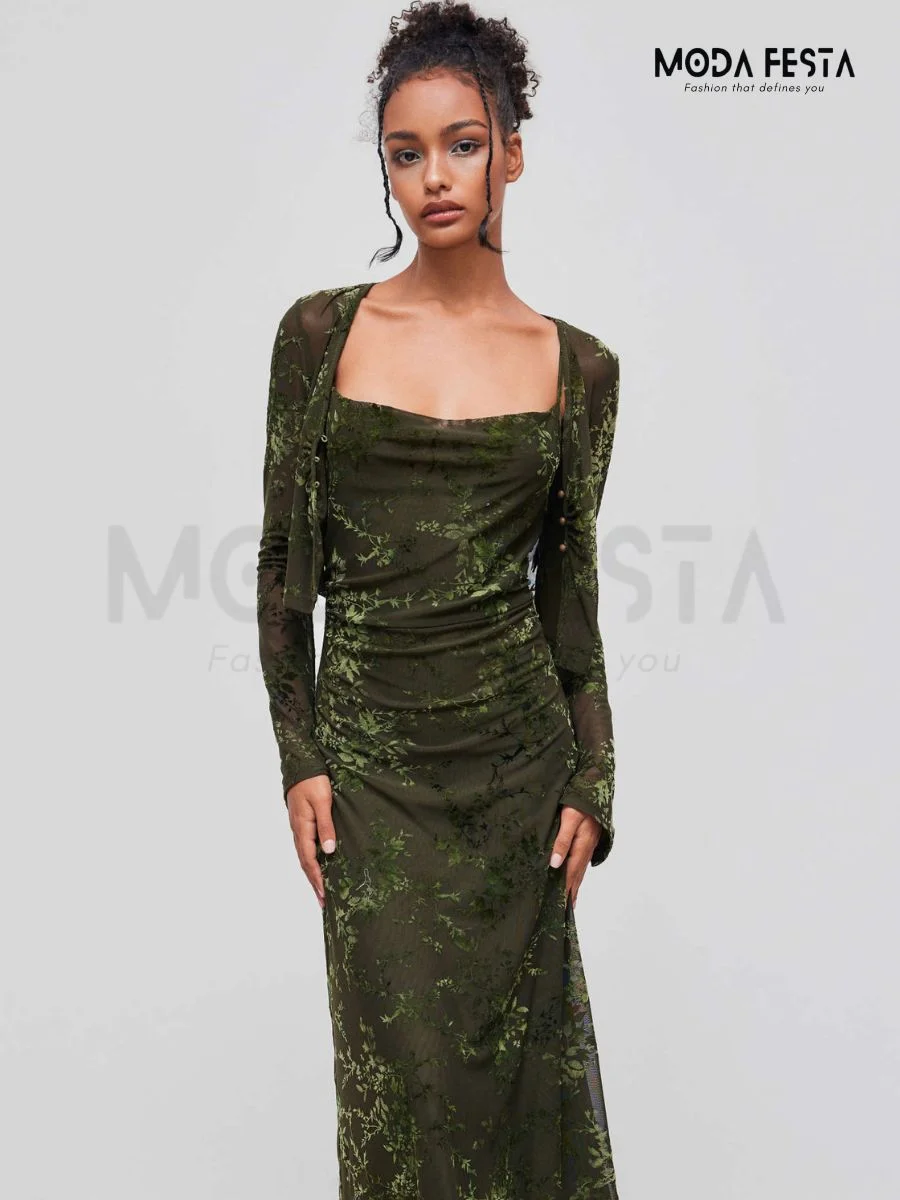 ModaFesta -cowl-neck-dress-with-shurg-green