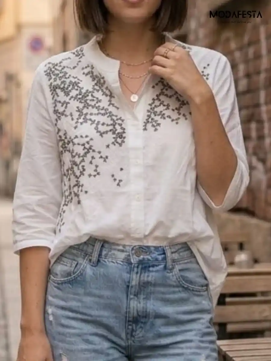 ModaFesta -elegant-style-floral-embroidered-v-neck-shirt-white