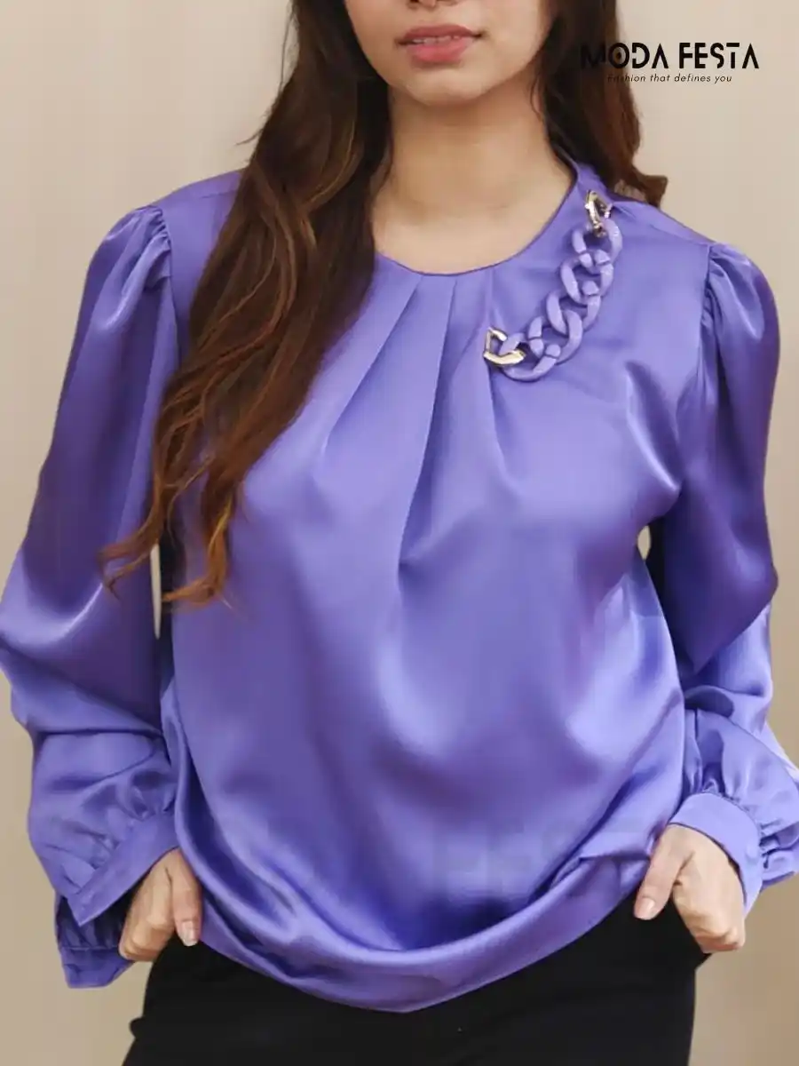 ModaFesta -stylish-cuffed-satin-top-lavender