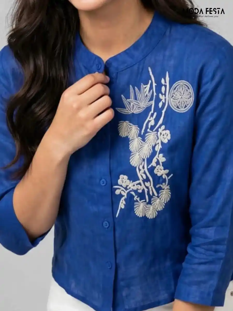 ModaFesta -royal-blue-embroidered-button-down-top