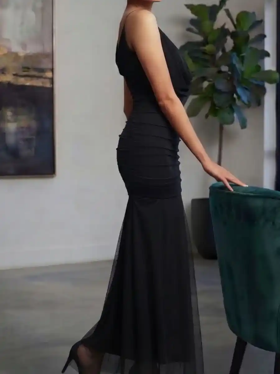ModaFesta -elegance-black-cowl-neck-ruched-maxi-dress