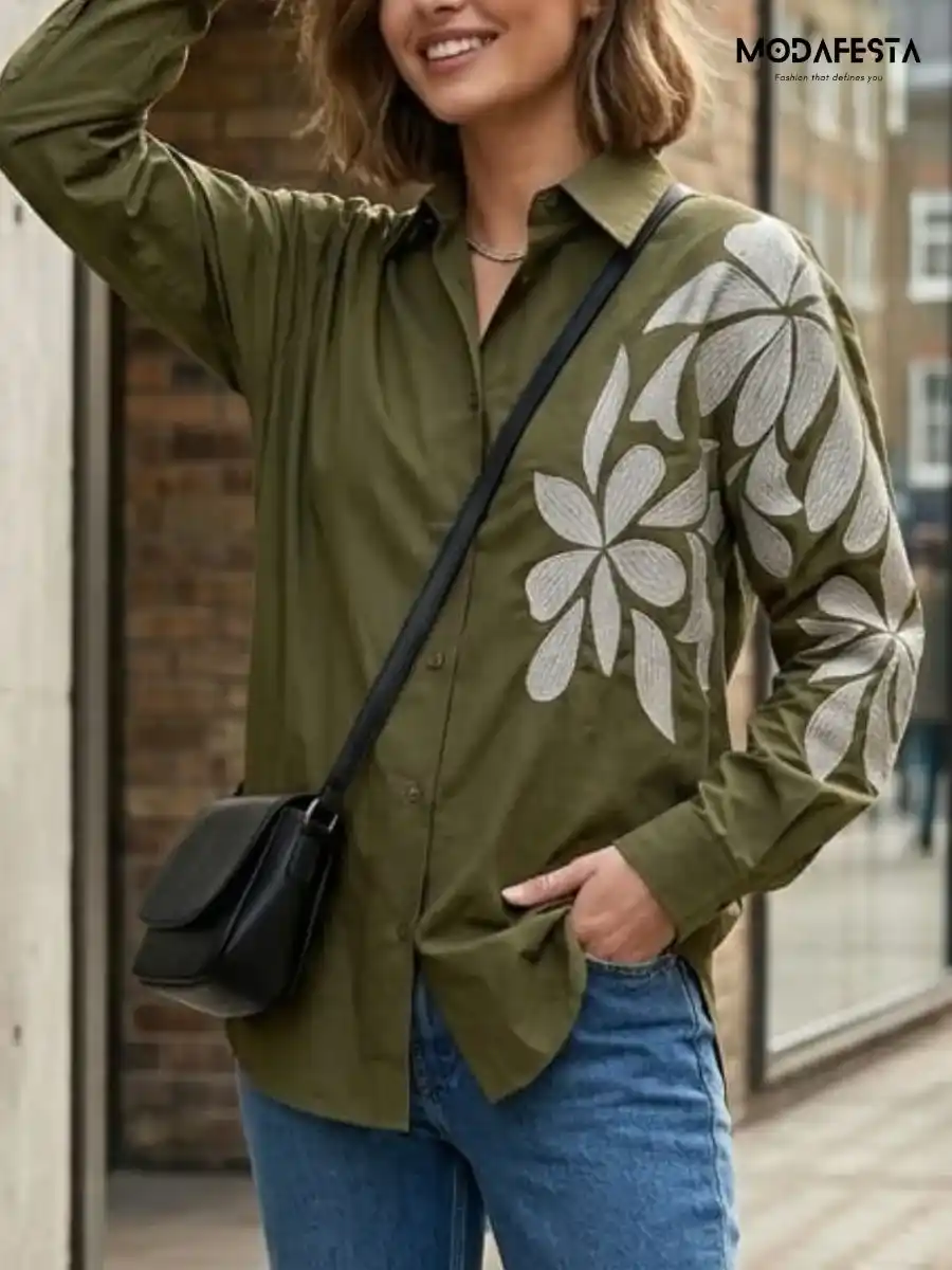ModaFesta -elegant-floral-print-shirt-work-on-shoulder-olive-green