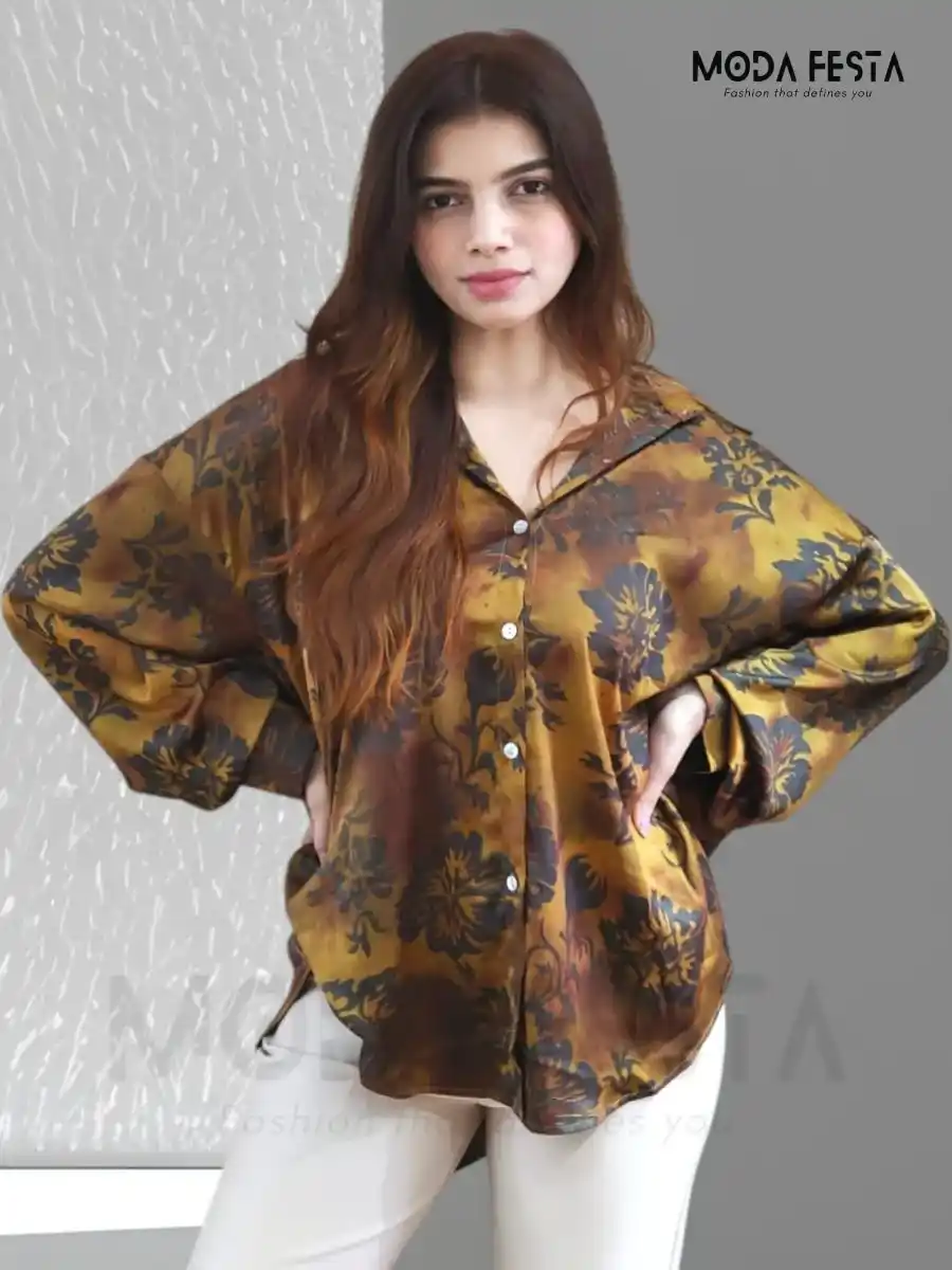 ModaFesta -printed-satin-shirt-mustard-black-for-women