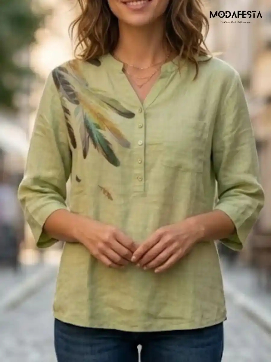 ModaFesta -elegant-linen-top-feather-print-green