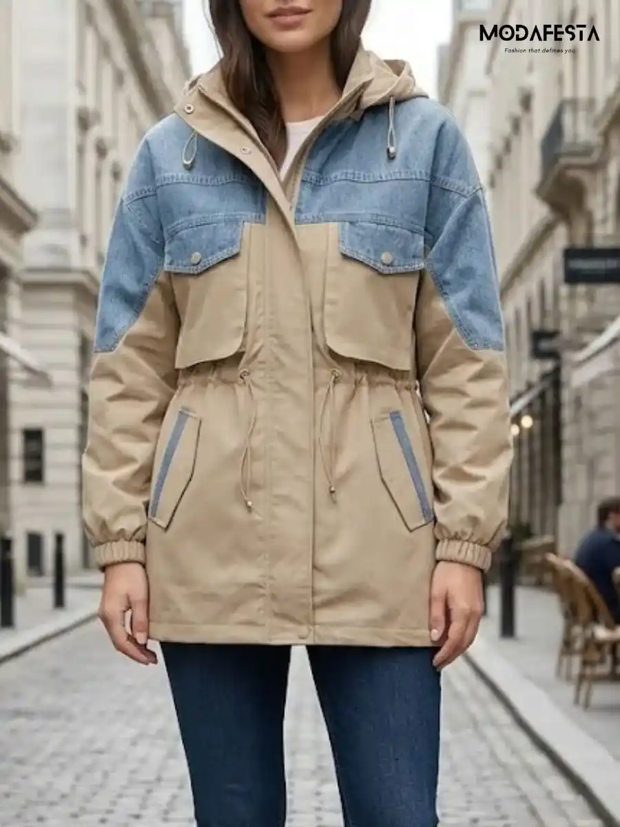 ModaFesta -elegant-denim-with-parachute-fabric-hoodie-jacket-beige