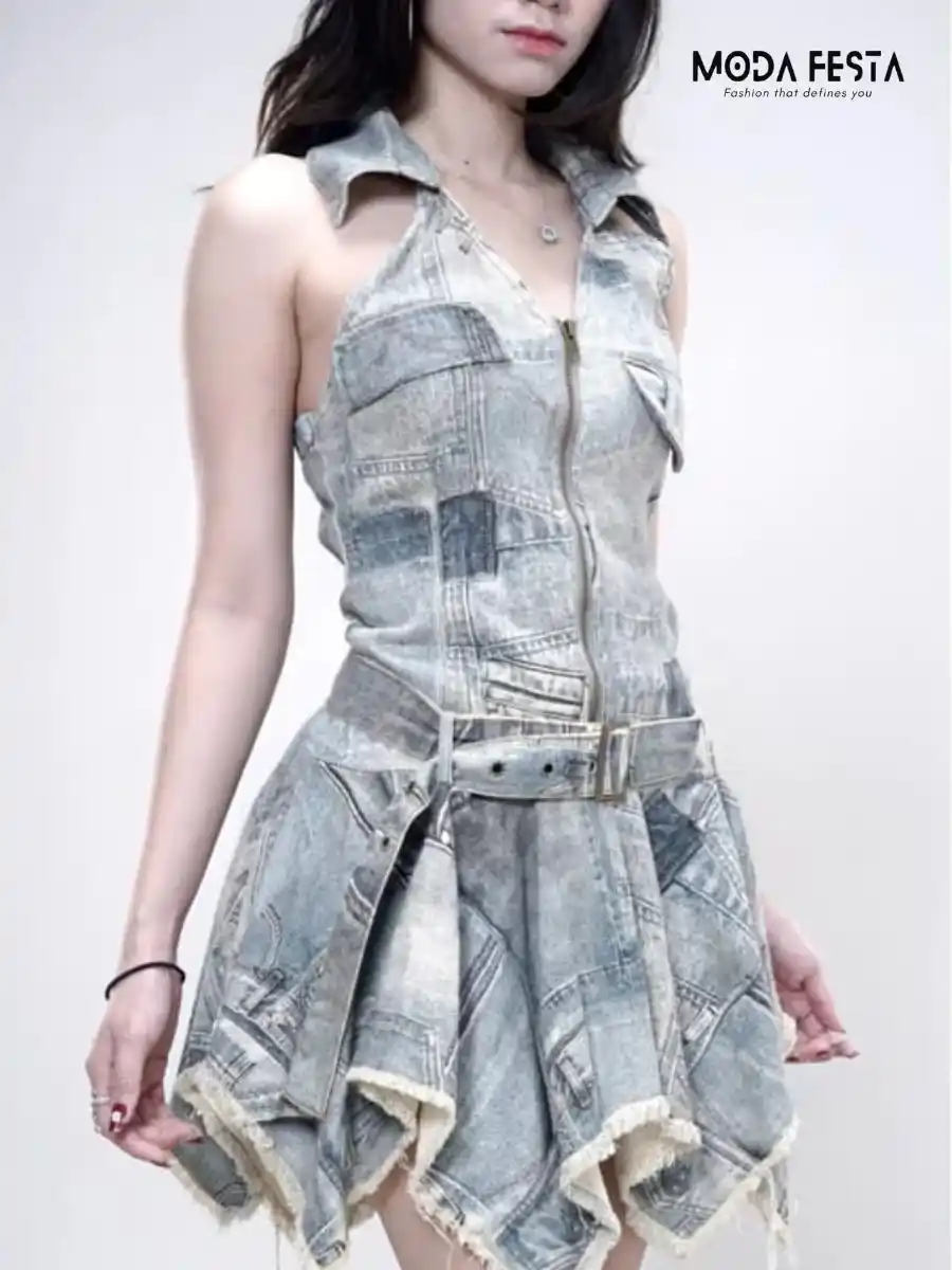 ModaFesta -elegant-halter-neck-denim-dress-blue