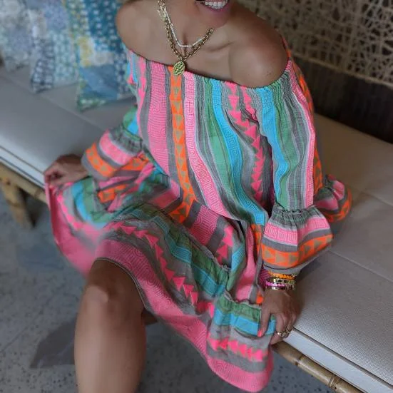 ModaFesta -flared-summer-dress-green-blue-geometric-printed