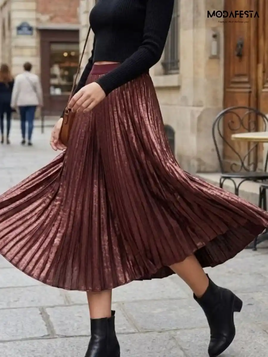 ModaFesta -elegant-satin-high-waist-pleated-skirt-maroon