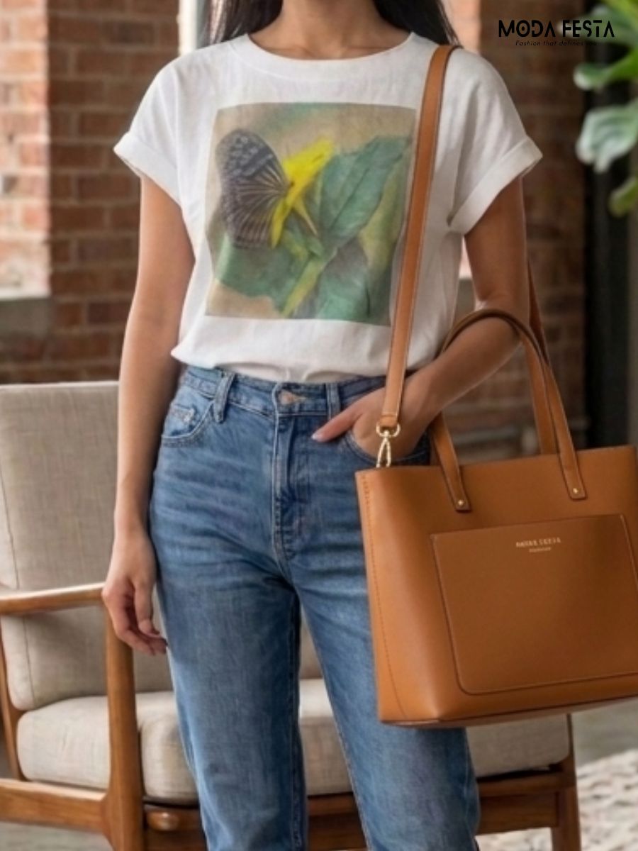 ModaFesta -butterfly-graphic-cotton-linen-t-Shirt
