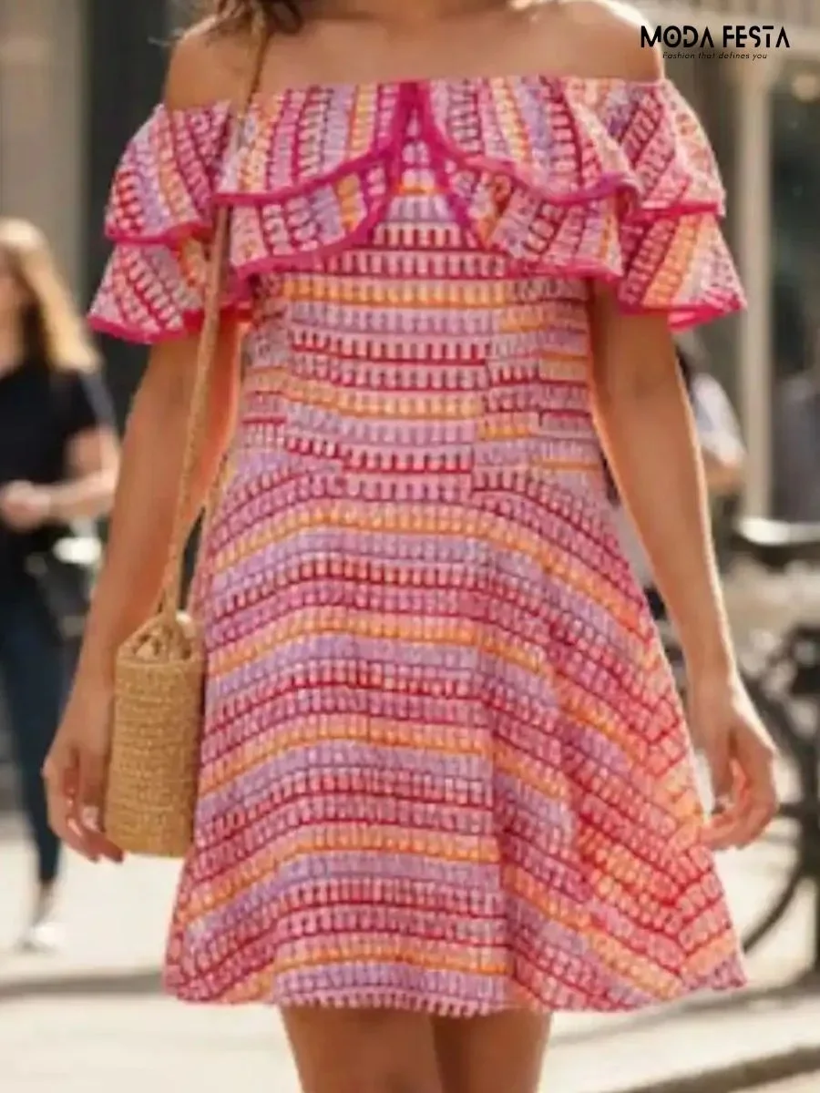 Multi Color Off Shoulder Ruffle Mini Dress