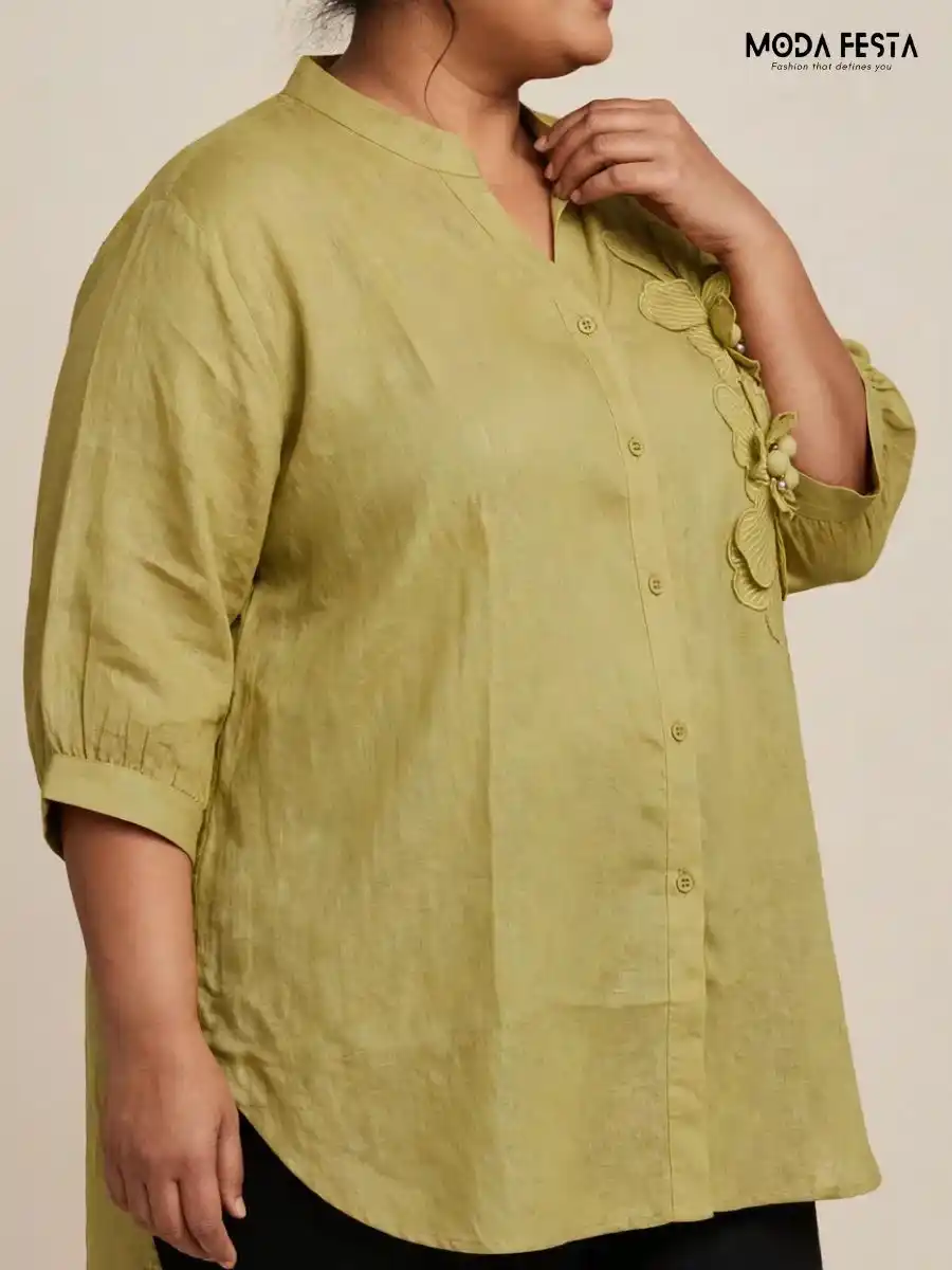 ModaFesta -sage-green-3d-floral-applique-casual-shirt