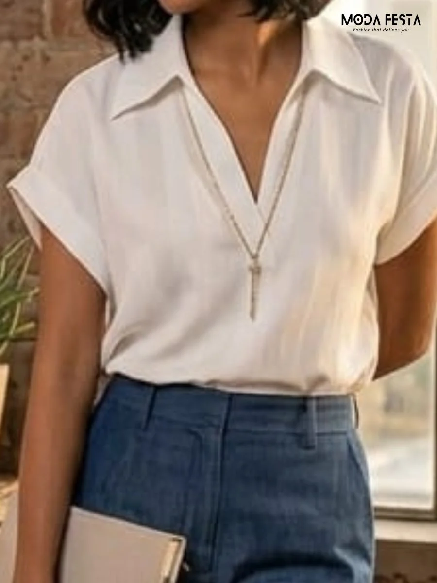 ModaFesta -lilac-vertical-striped-v-neck-collared-top