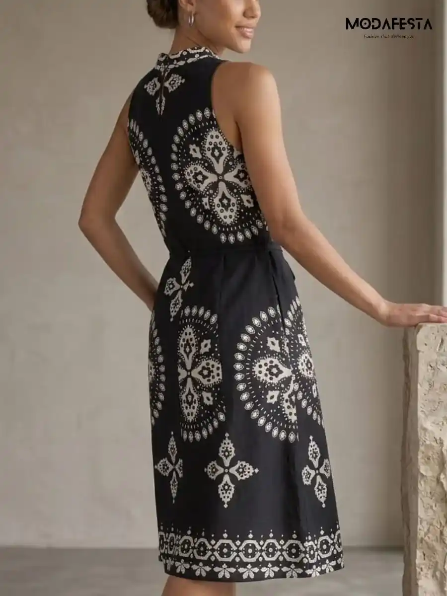 ModaFesta -elegant-black-abstract-print-dress-with-belt-black