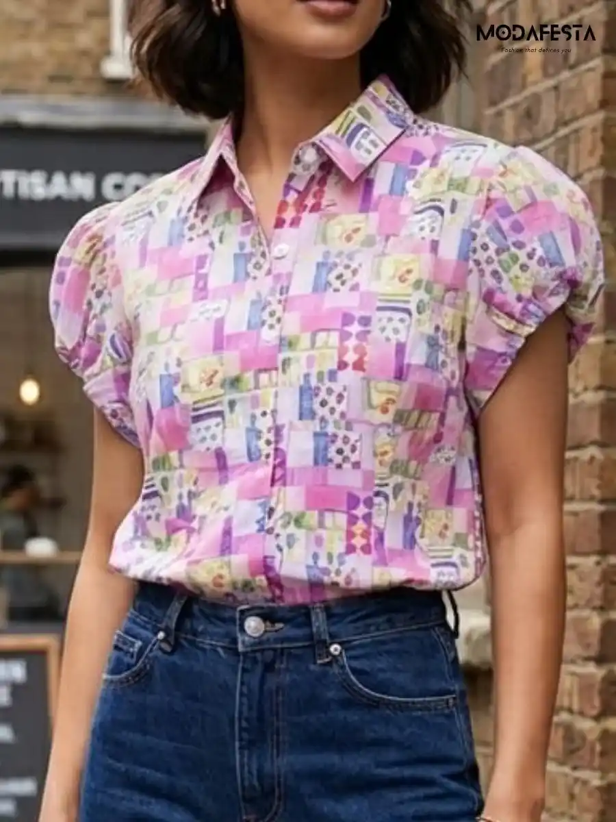 Elegant Puff Sleeve Hand-Drawn Print Shirt