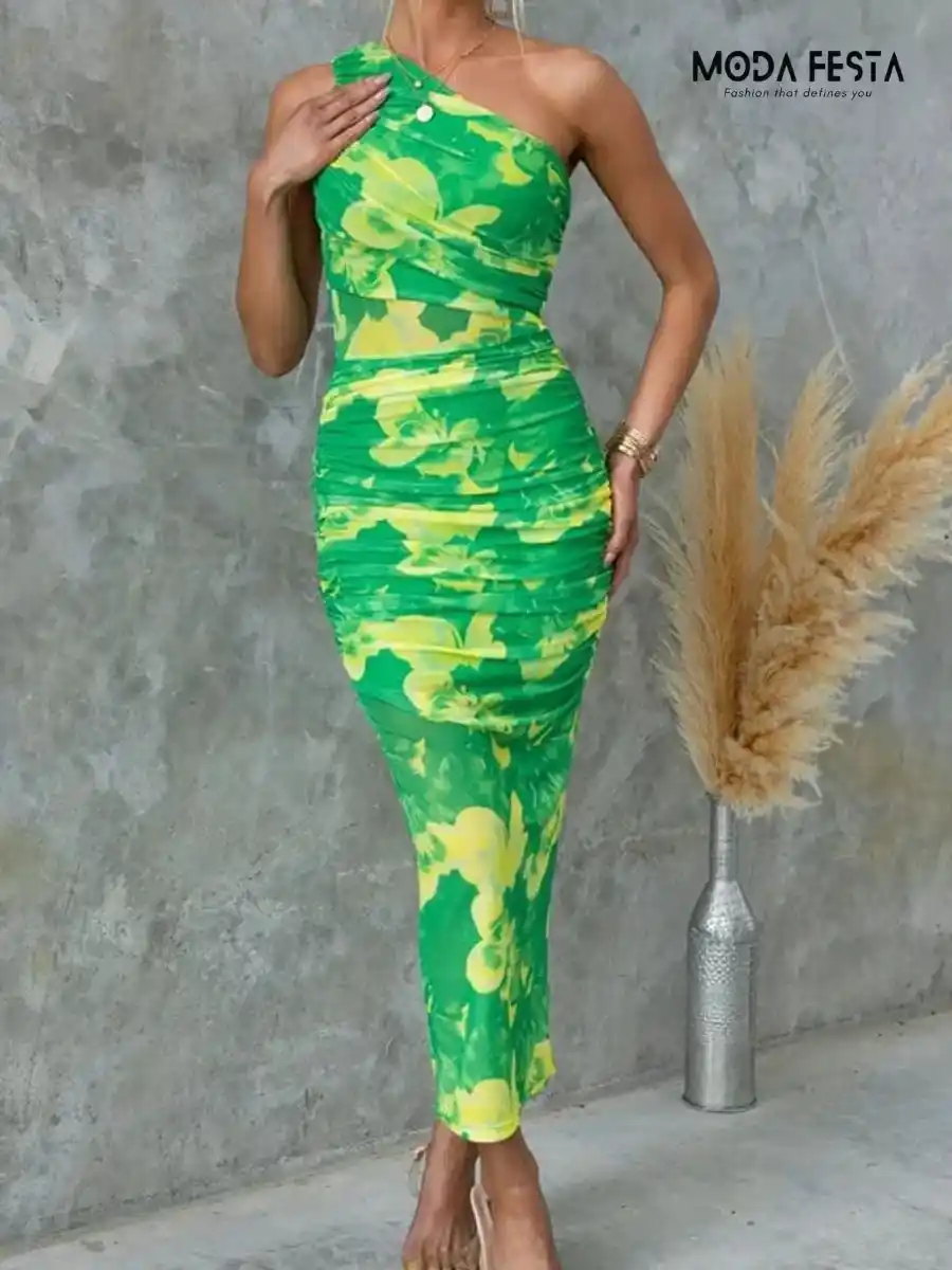 ModaFesta -stylish-runched-mesh-bodycon-dress-green