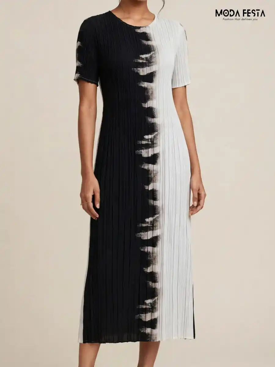 Black and White Pleated Casual Dress