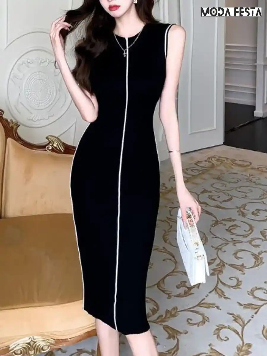 ModaFesta -knit-bodycon-white-strip-dress-black