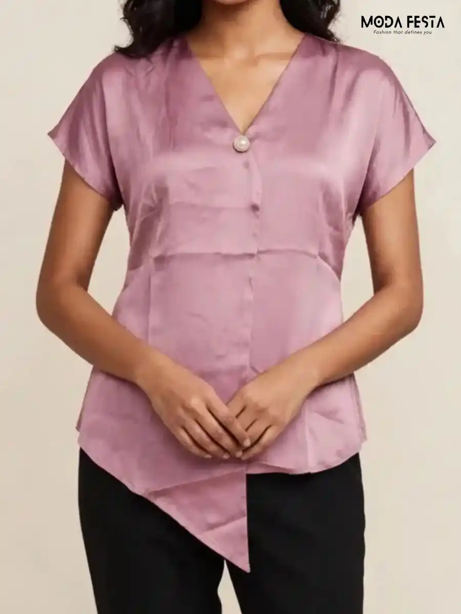 ModaFesta -mauve-satin-v-neck-short-sleeve-asymmetric-top
