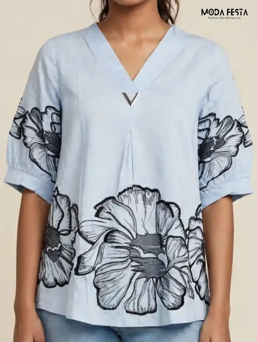 ModaFesta -light-blue-oversized-floral-print-top
