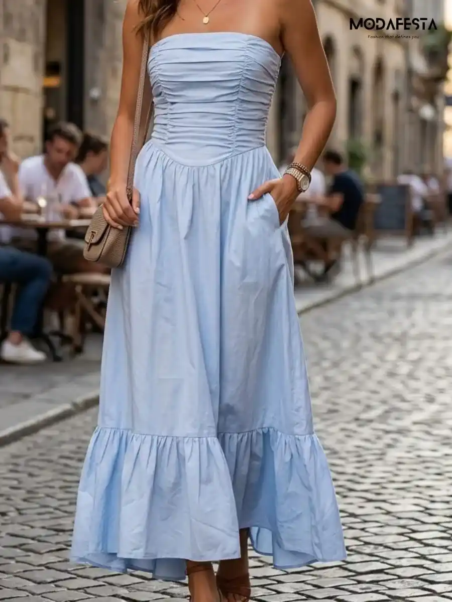 ModaFesta -elegant-strapless-ruched-tube-dress-sky-blue