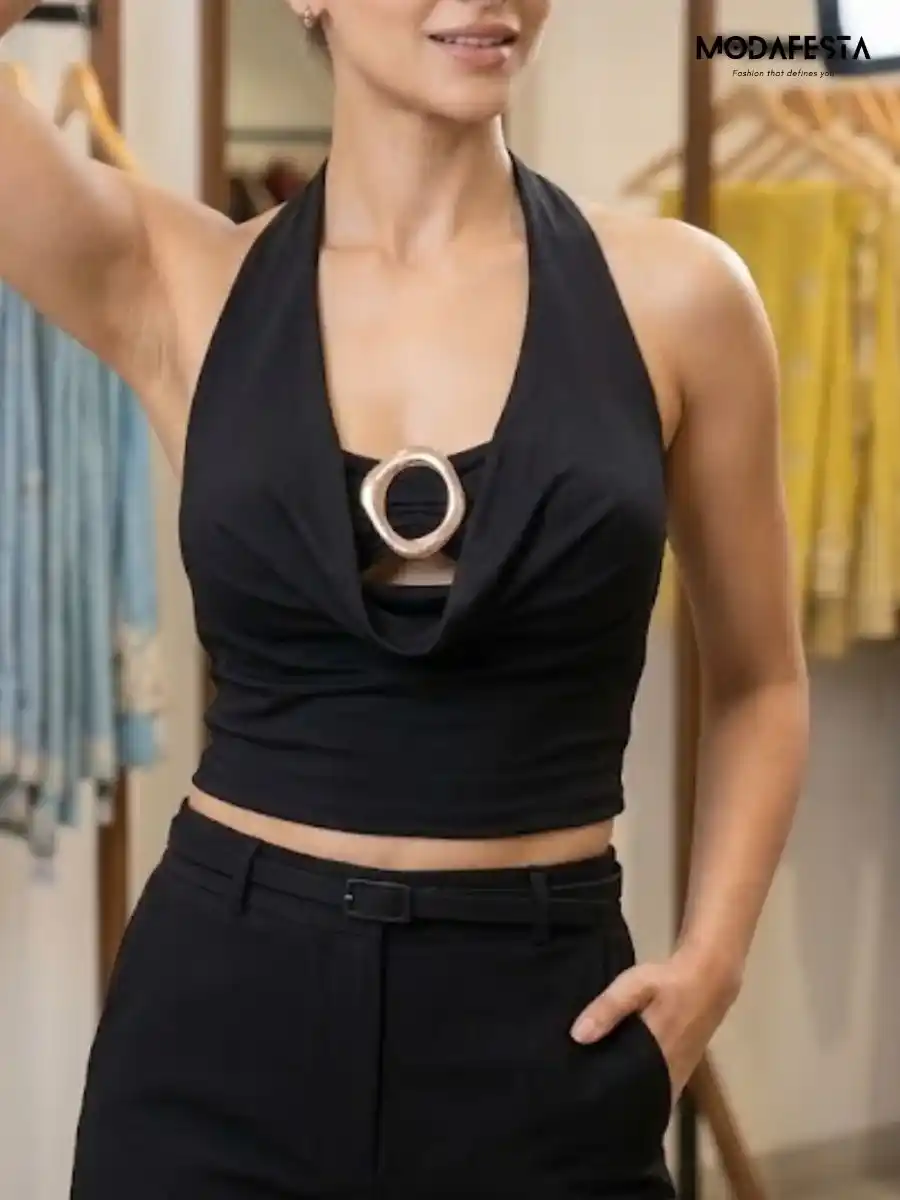 ModaFesta -elegant-cowl-neck-halter-top-with-ring-ligh-black
