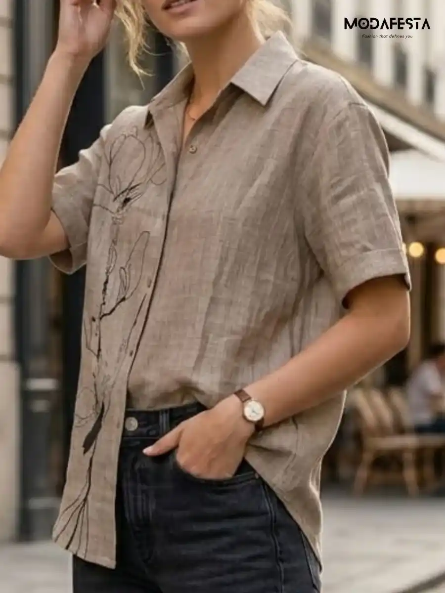 ModaFesta -classy-graphic-floral-long-linen-shirt-brown