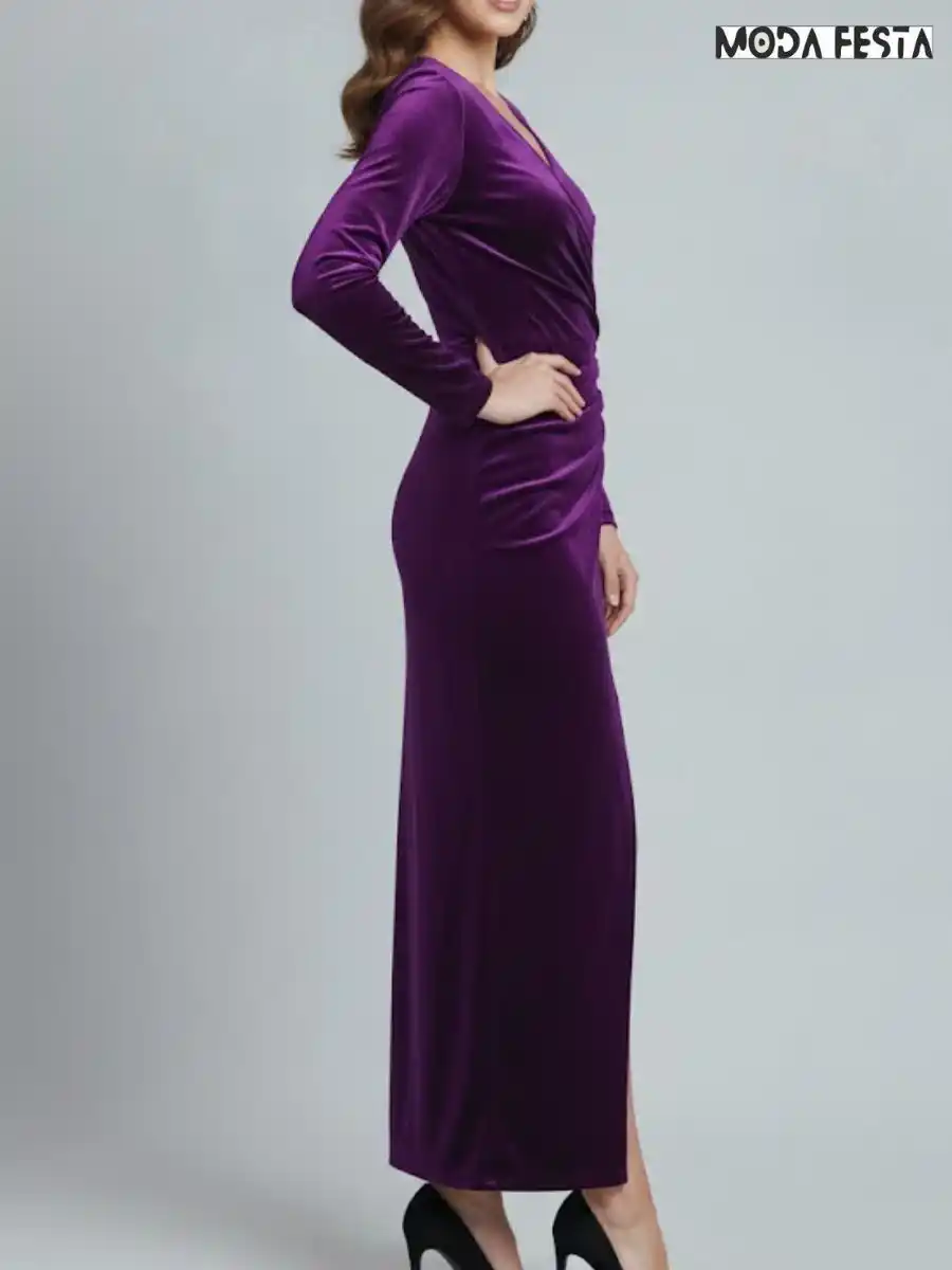 ModaFesta -stylish-ruched-slit-velvet-dress-purple