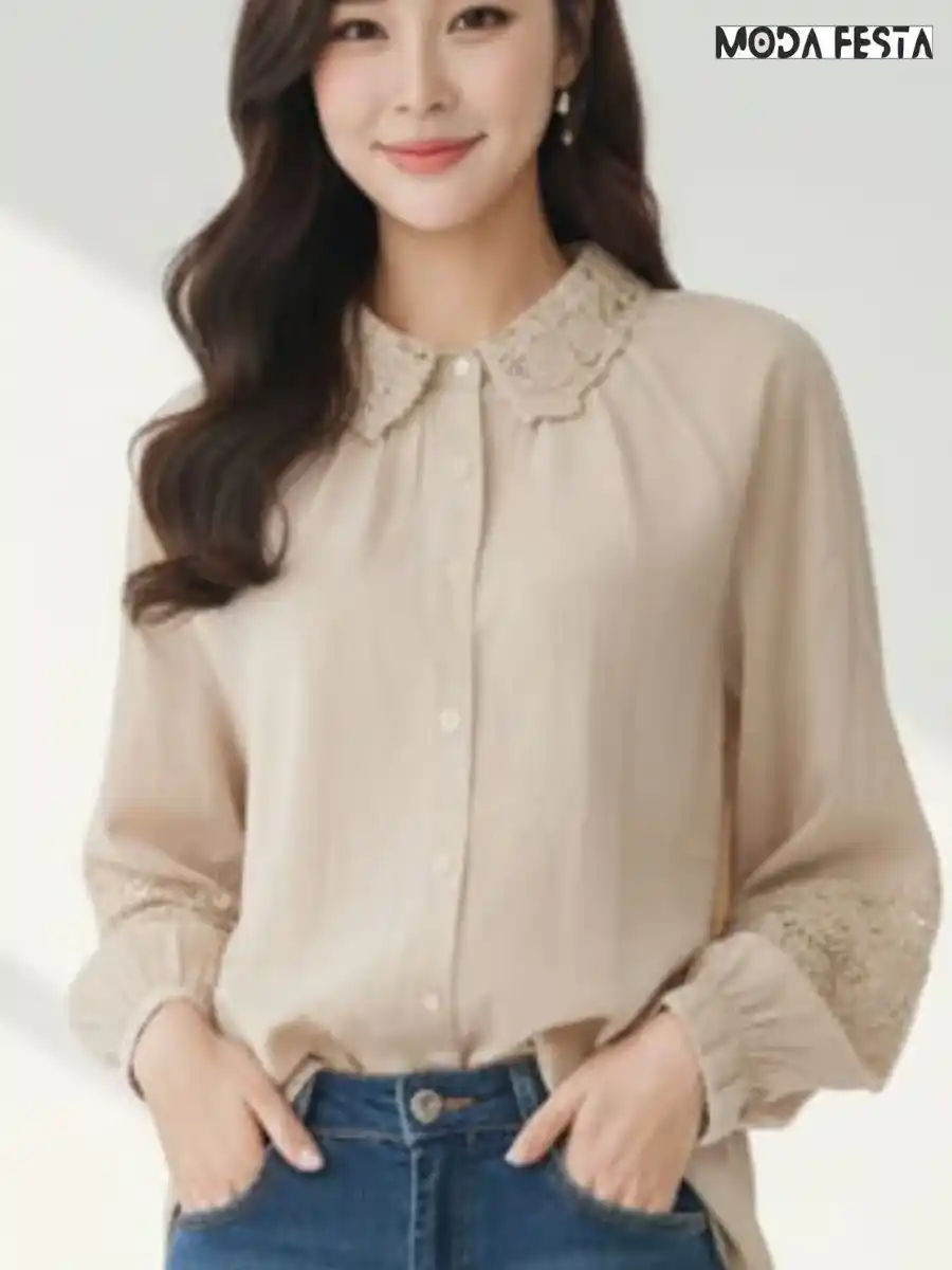 ModaFesta -elegant-cutwork-cotton-shirt-beige