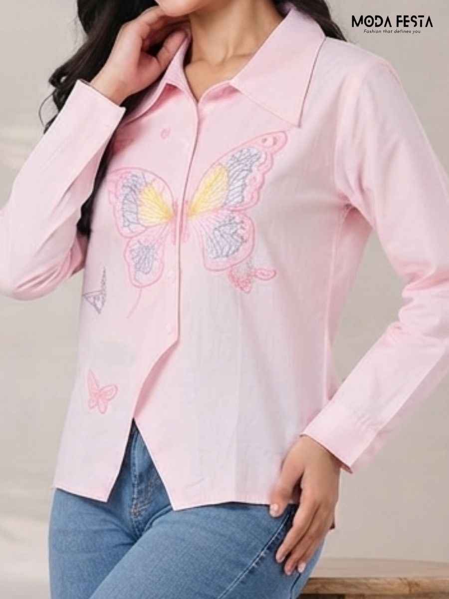 ModaFesta -modafesta-pink-butterfly-embroidered-asymmetric-shirt