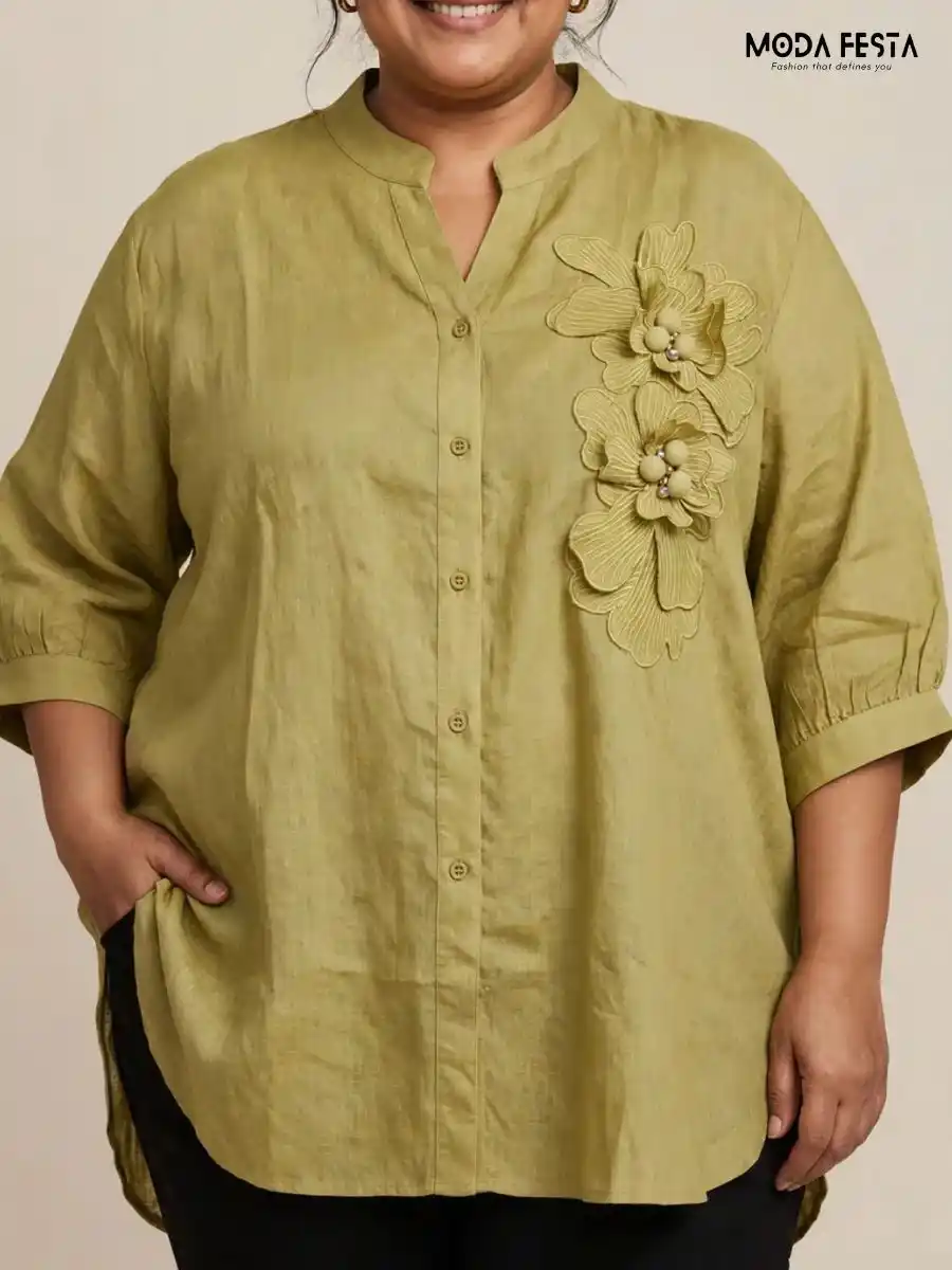 Sage Green 3D Floral Applique Casual Shirt