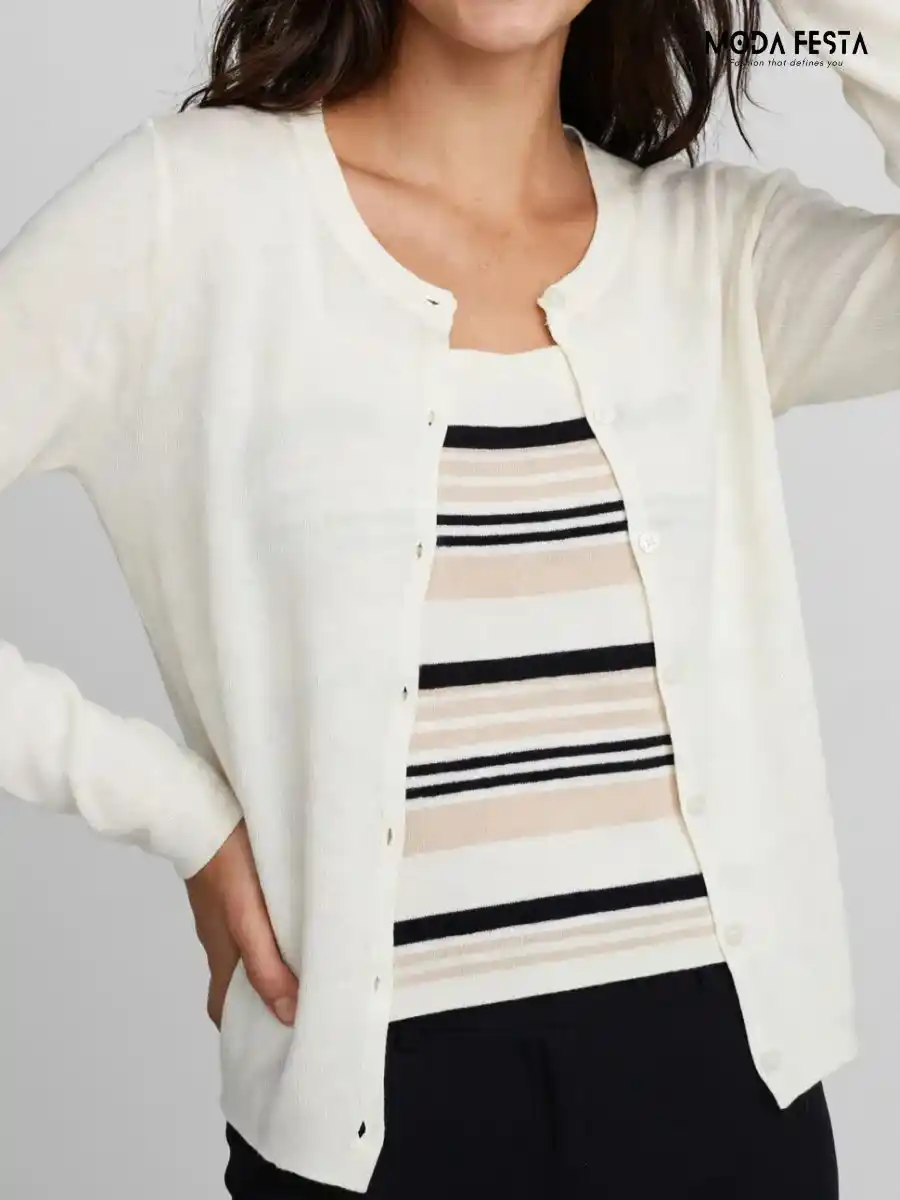 White Cardigan and Multistripe Inner Top Co-ord Set