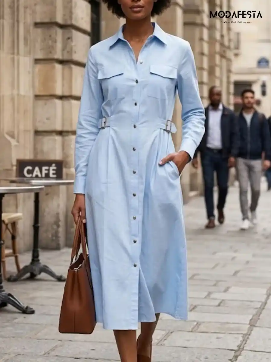 ModaFesta -elegant-cotton-dress-side-belt-style-sky-blue
